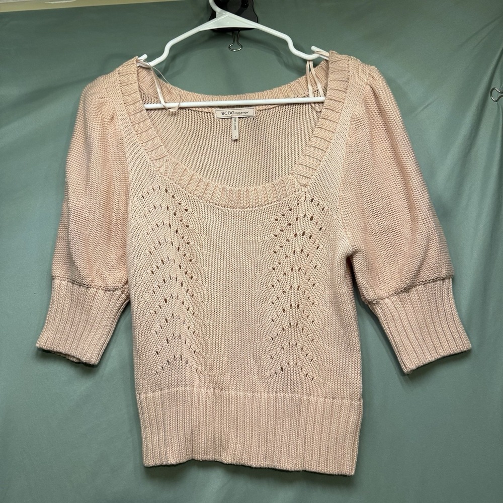 BCBGeneration Pink Short Puff Sleeve Sweater Y2K Scoop Neck Womens Small S